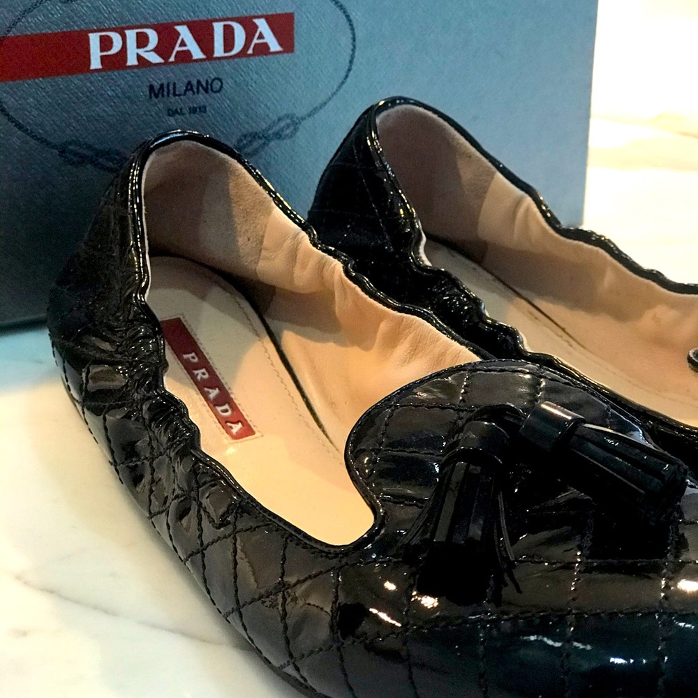 Prada Patent Leather Tassel Loafer, Black 38